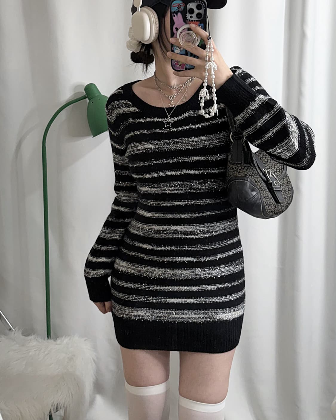 블랙 & 화이트 스팽글 니트 미니 원피스 상품이미지3