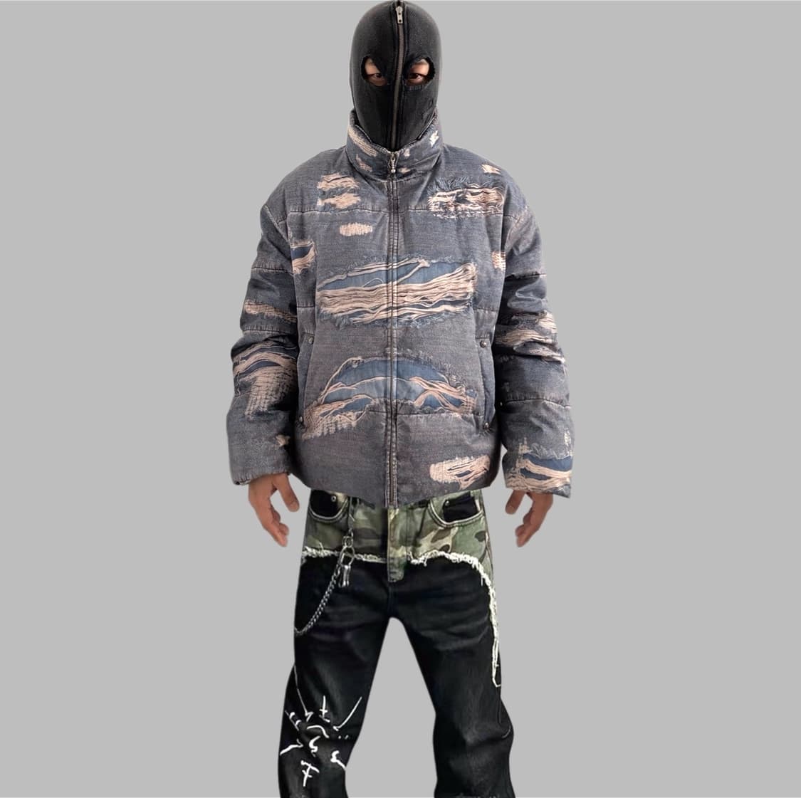 래깅 오일 워싱데님자캣 디지털프린트 하이넥 덕 다운패딩 상품이미지1