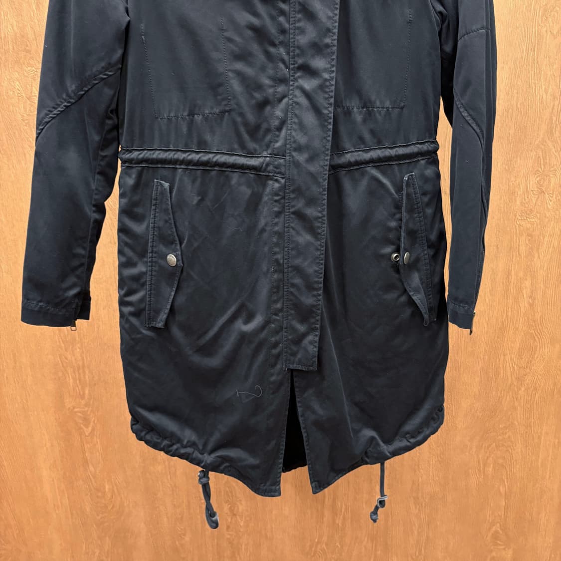 디젤 야상 롱 코트 플리스 배색 드로우 스트링 소매 지퍼 디테일 블랙 상품이미지5