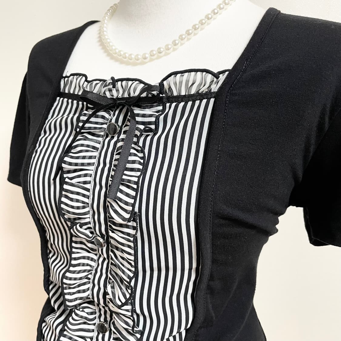 공겜여주깔 일본빈티지 체크리본 로걀탑 딱붙탑 러블리 갸루 고스로리 고딕 상품이미지3