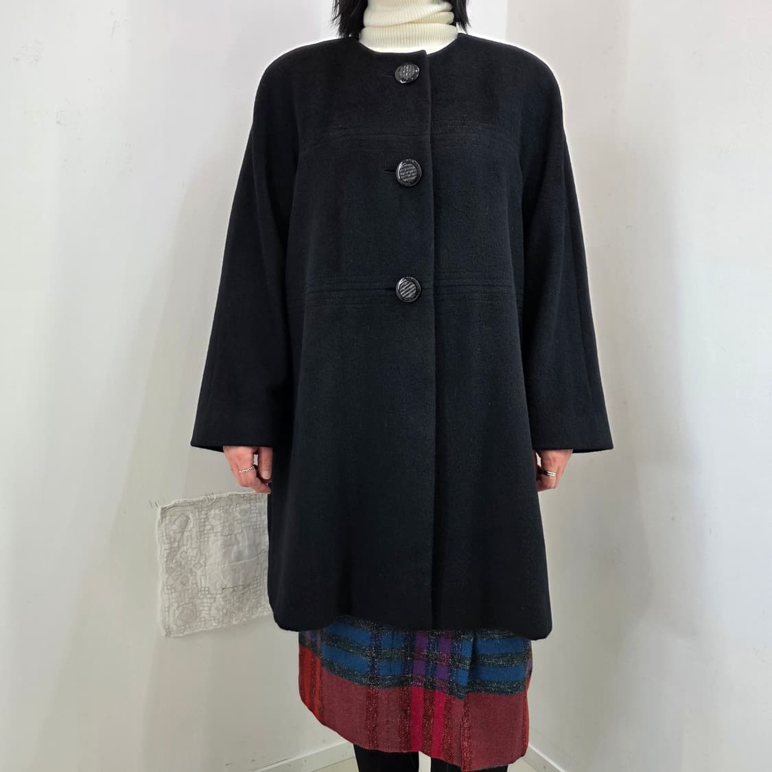 울 100 블랙 노카라 코트 상품이미지1