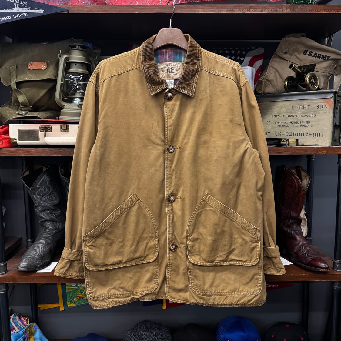 90s USA 코듀로이 카라 체크 라이닝 워크 헌팅 초어 자켓 상품이미지1