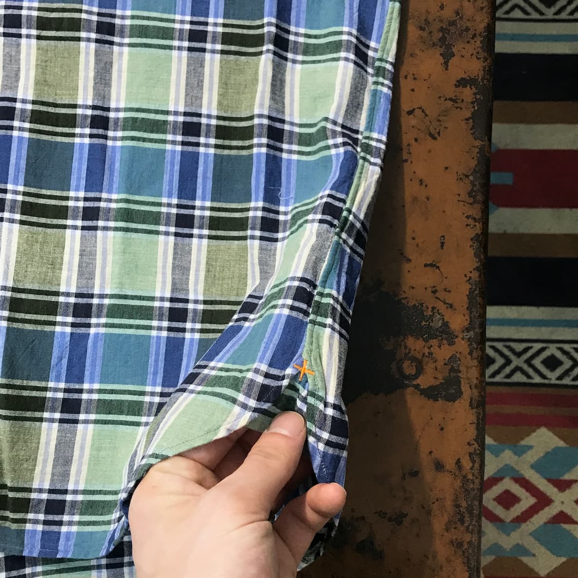 빔즈 그린 마드라스 체크 얇은 코튼 반팔 셔츠 남성 102 여성 루즈핏 상품이미지4