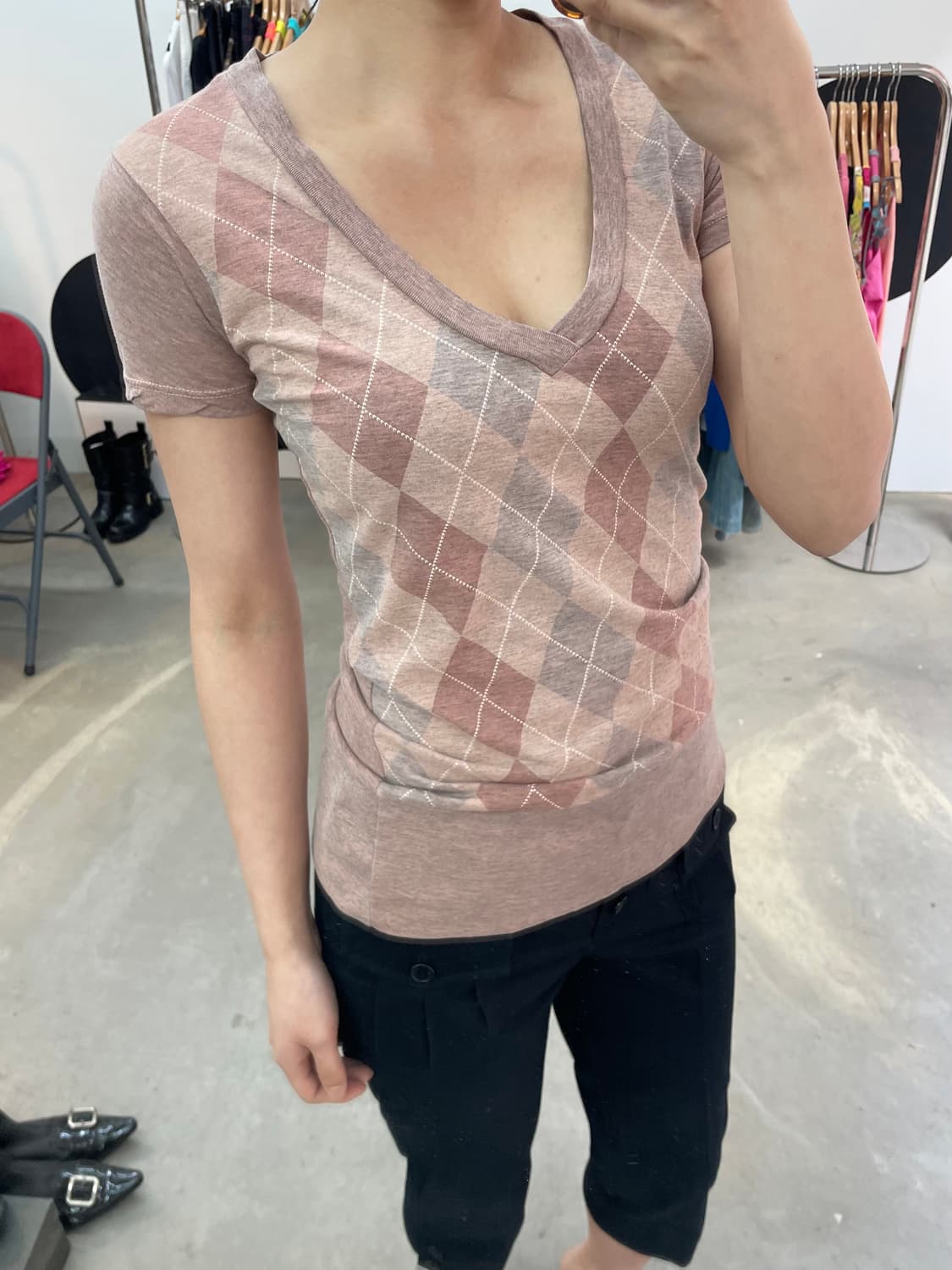 vintage 아가일 패턴 브이넥 티셔츠 상품이미지1