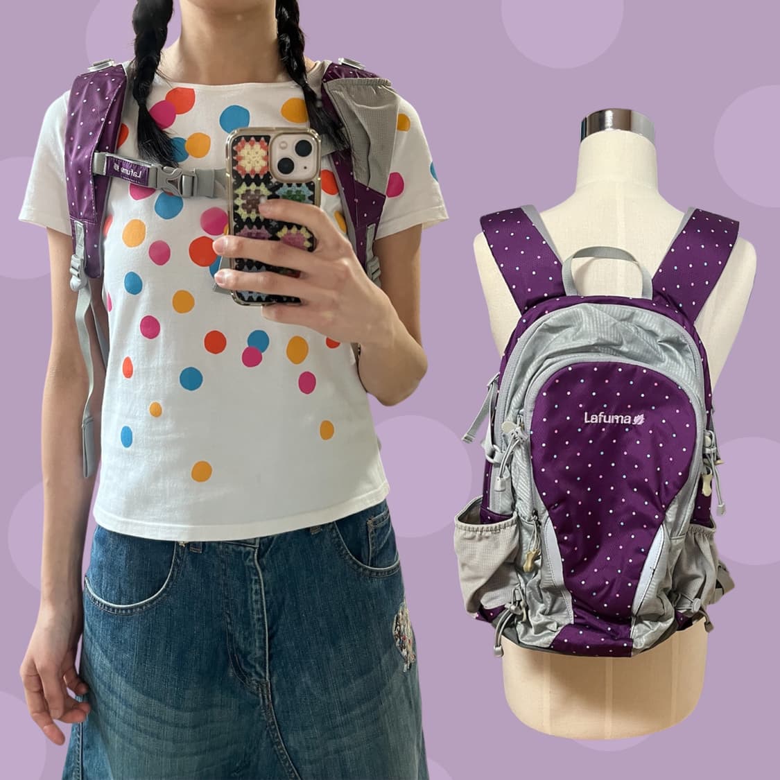 빈티지 라푸마 보라 땡땡이 백팩 상품이미지1