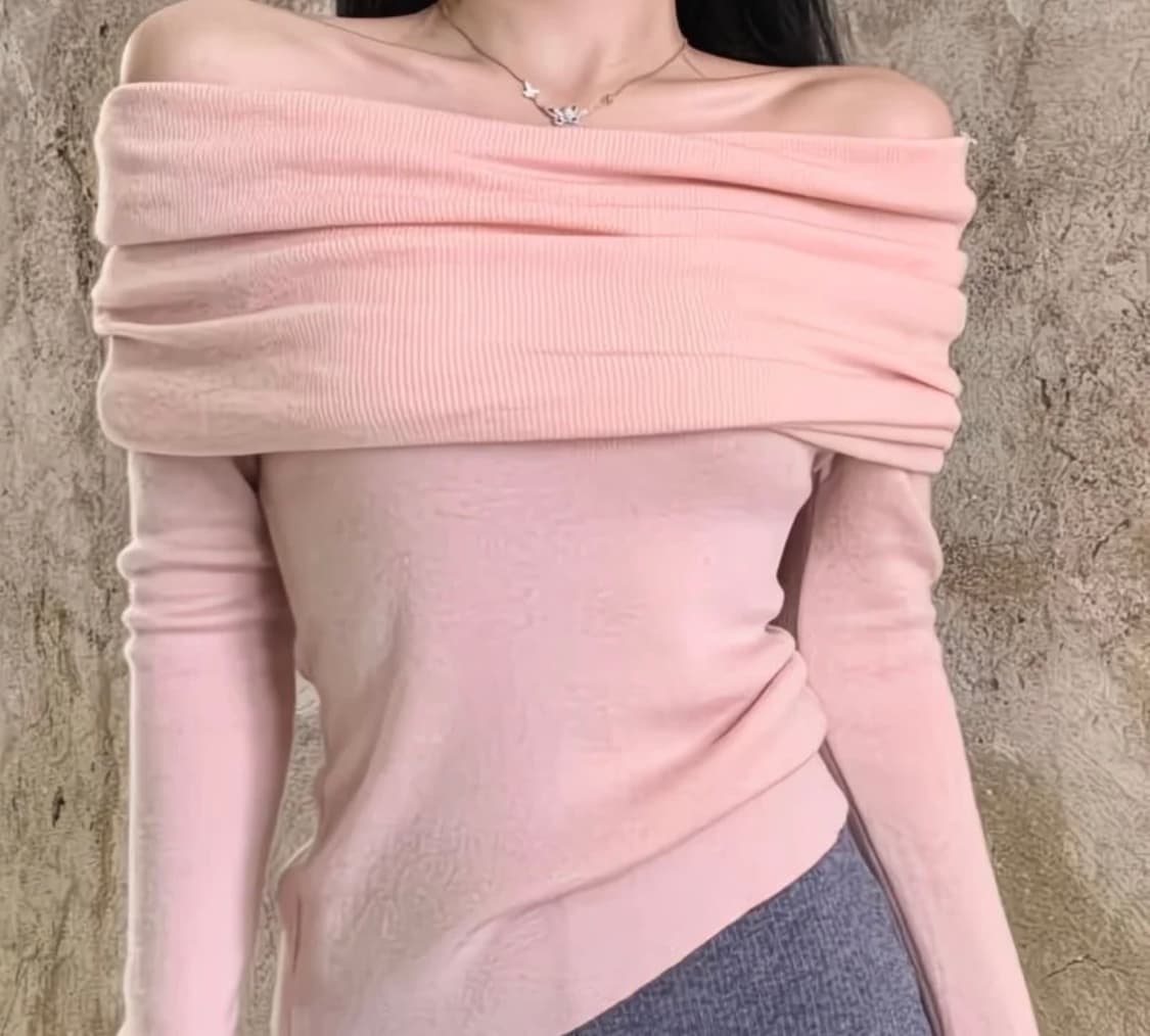 핑크 오프숄더 니트 긴팔 티셔츠 상품이미지1