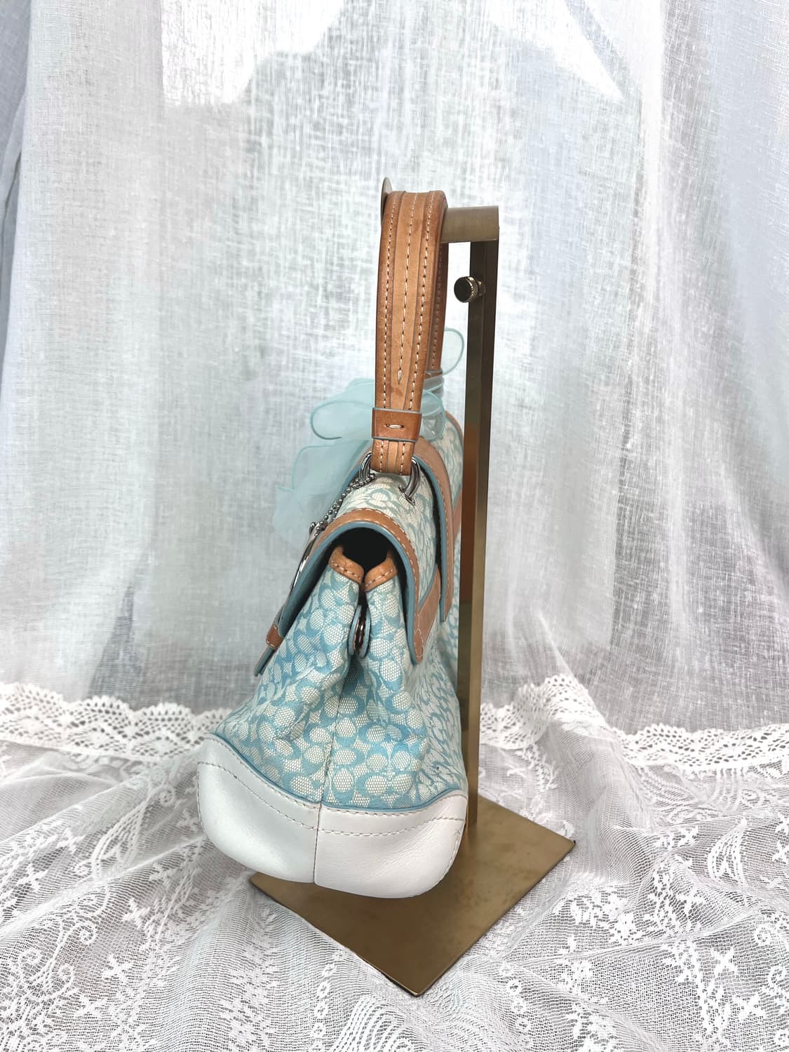 90s coach 민트 시그니처 자카드 캔버스 카라멜 레더 턴락 소호백 상품이미지3