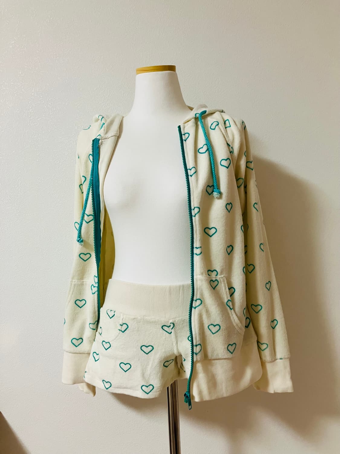 하트패턴 테리 트레이닝복 세트 후드집업 반바지 갸루 y2k 상품이미지1