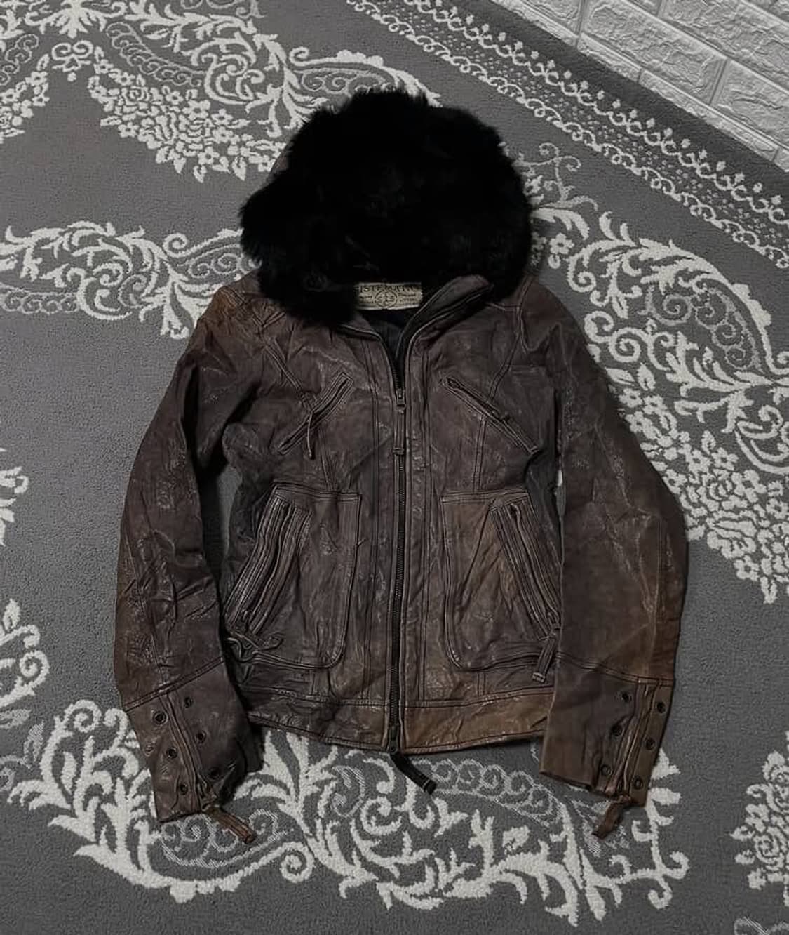 퍼 후드 슬림핏 가죽 자켓 상품이미지1