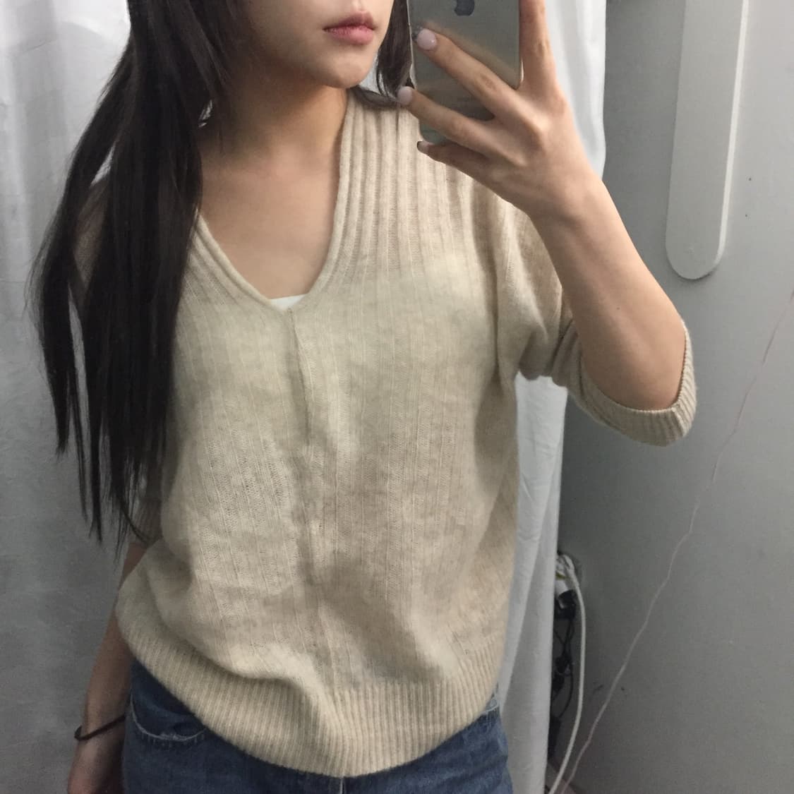 Vintage 모리걸 하구미 베이지 브이넥 니트 상품이미지2