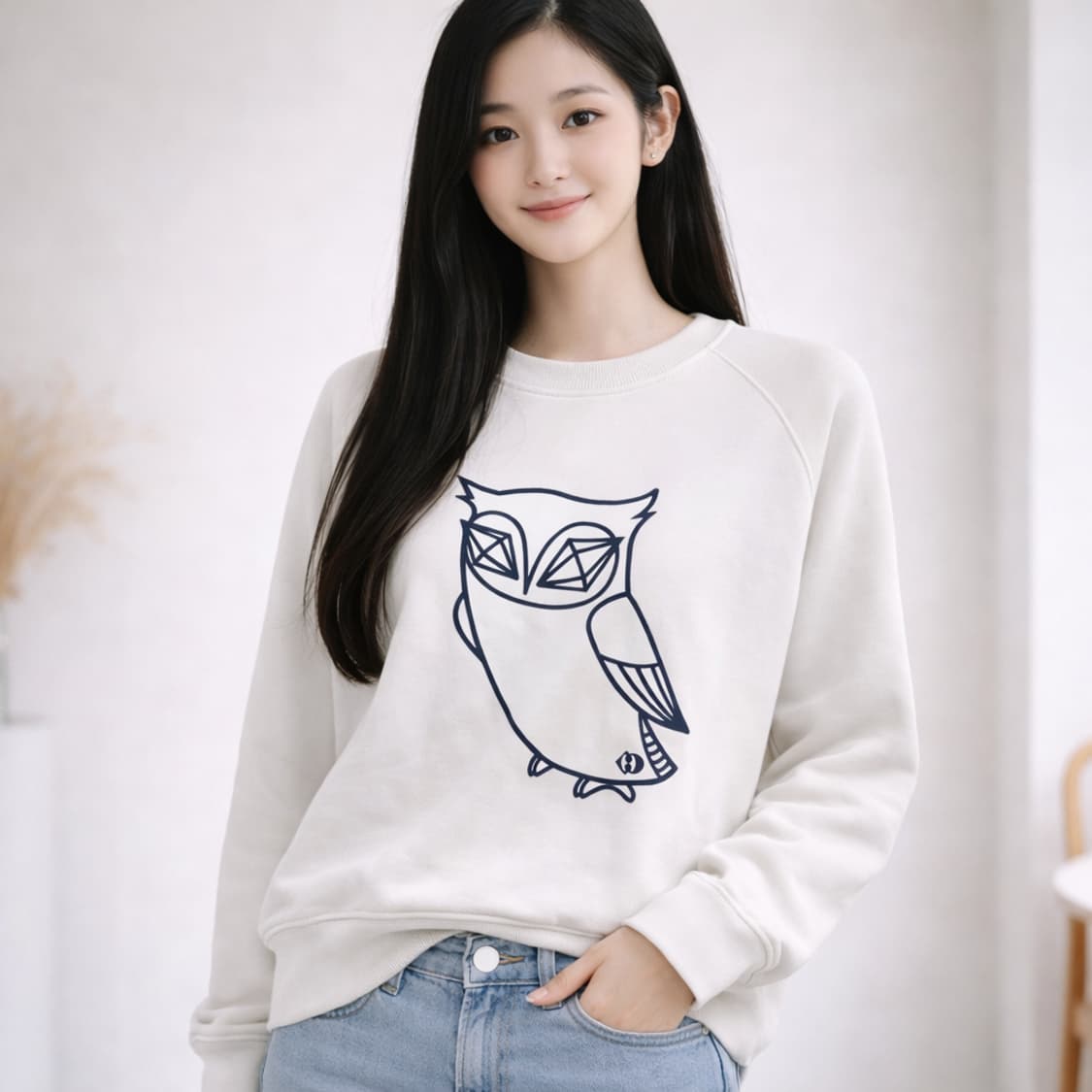 럭키슈에뜨 부엉이 프린팅 라운드넥 래글런 맨투맨 상품이미지2