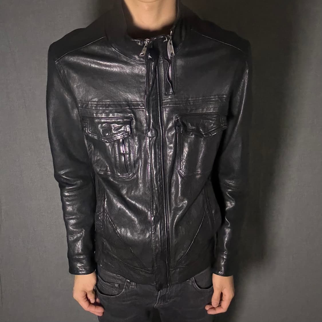 double zip-up ltaly leather jacket 상품이미지4