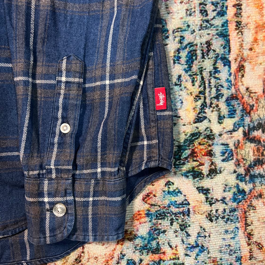 [M] 90s 스투시 자수로고 블루 플란넬 체크셔츠 상품이미지4