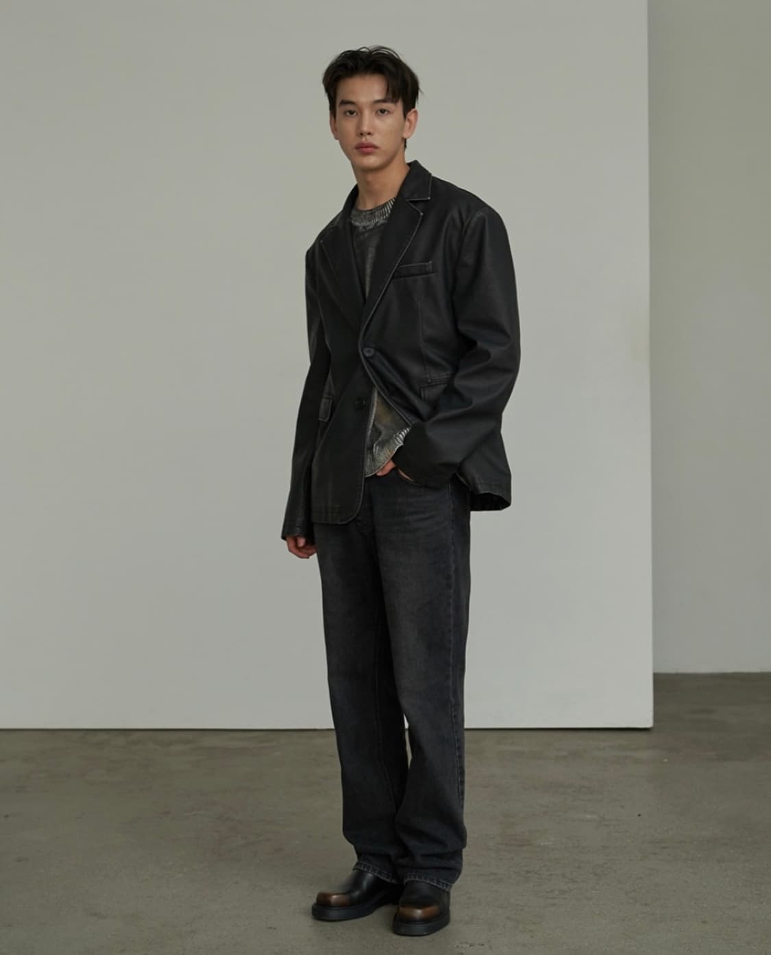 SPERONE 스페로네 비건 레더 오버사이즈 미니멀 2버튼 워싱 레더 상품이미지1