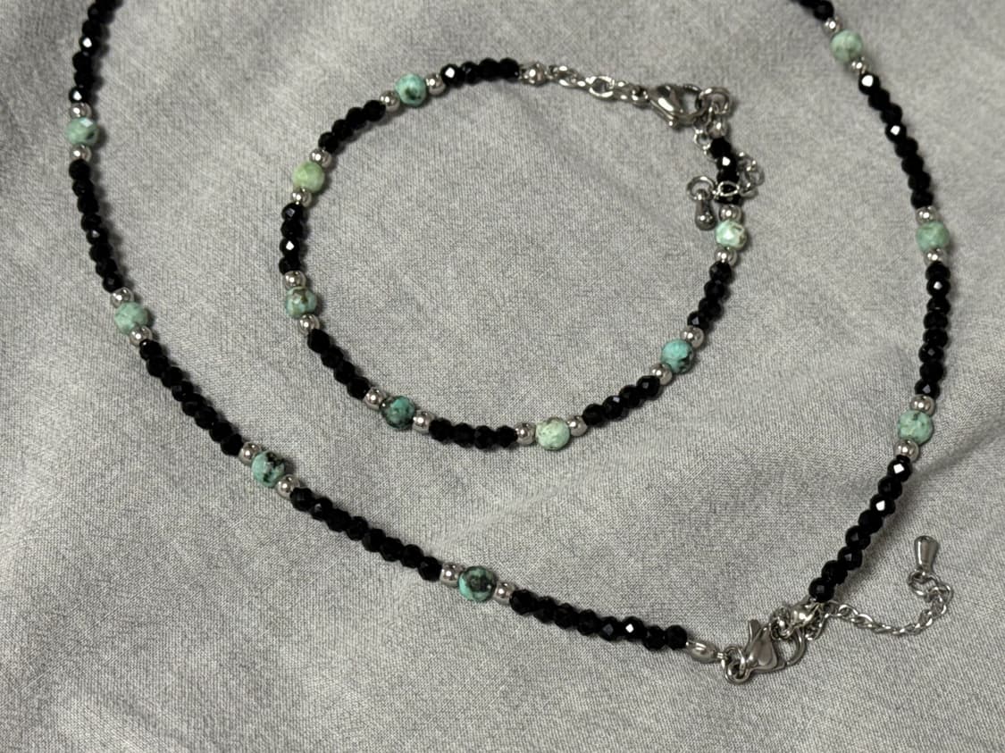 (세트) 천연석 커팅 오닉스 터키석 믹싱 원석 팔찌 목걸이 상품이미지1