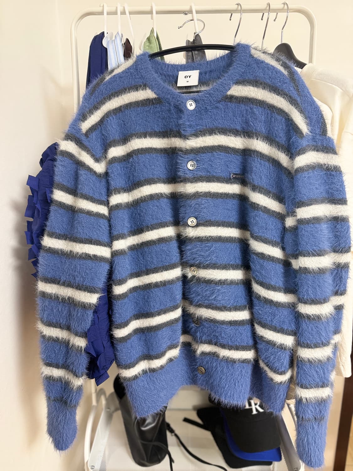 오와이 HAIRY STRIPE KNIT CARDIGAN - BLUE M 상품이미지1