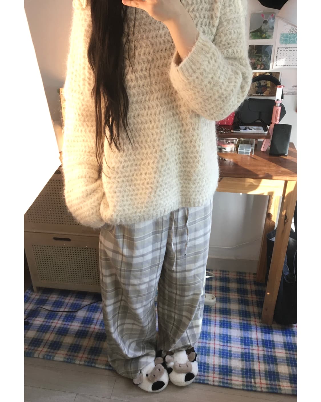 vintage check wide pants soft beige 상품이미지3