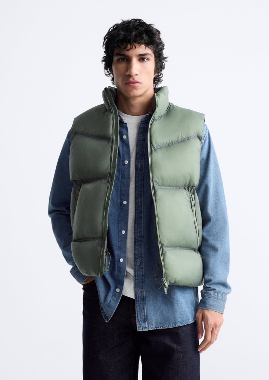 M ) ZARA 자라 시어쉘 패딩 조끼 베스트 라이트카키 1회착 상품이미지6