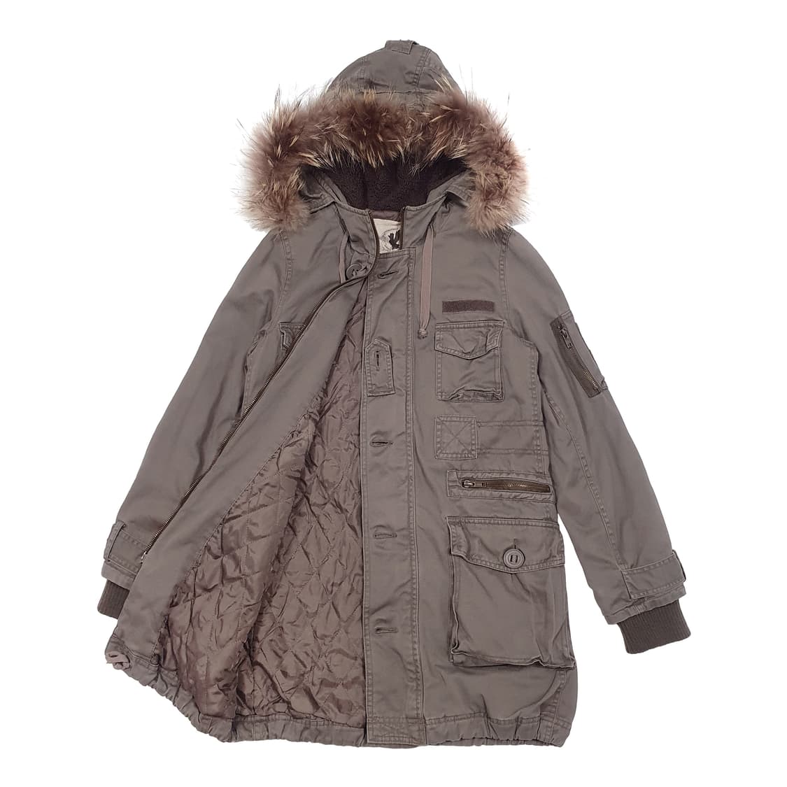 타누키 퍼 누빔 야상 점퍼 카키 브라운 상품이미지2