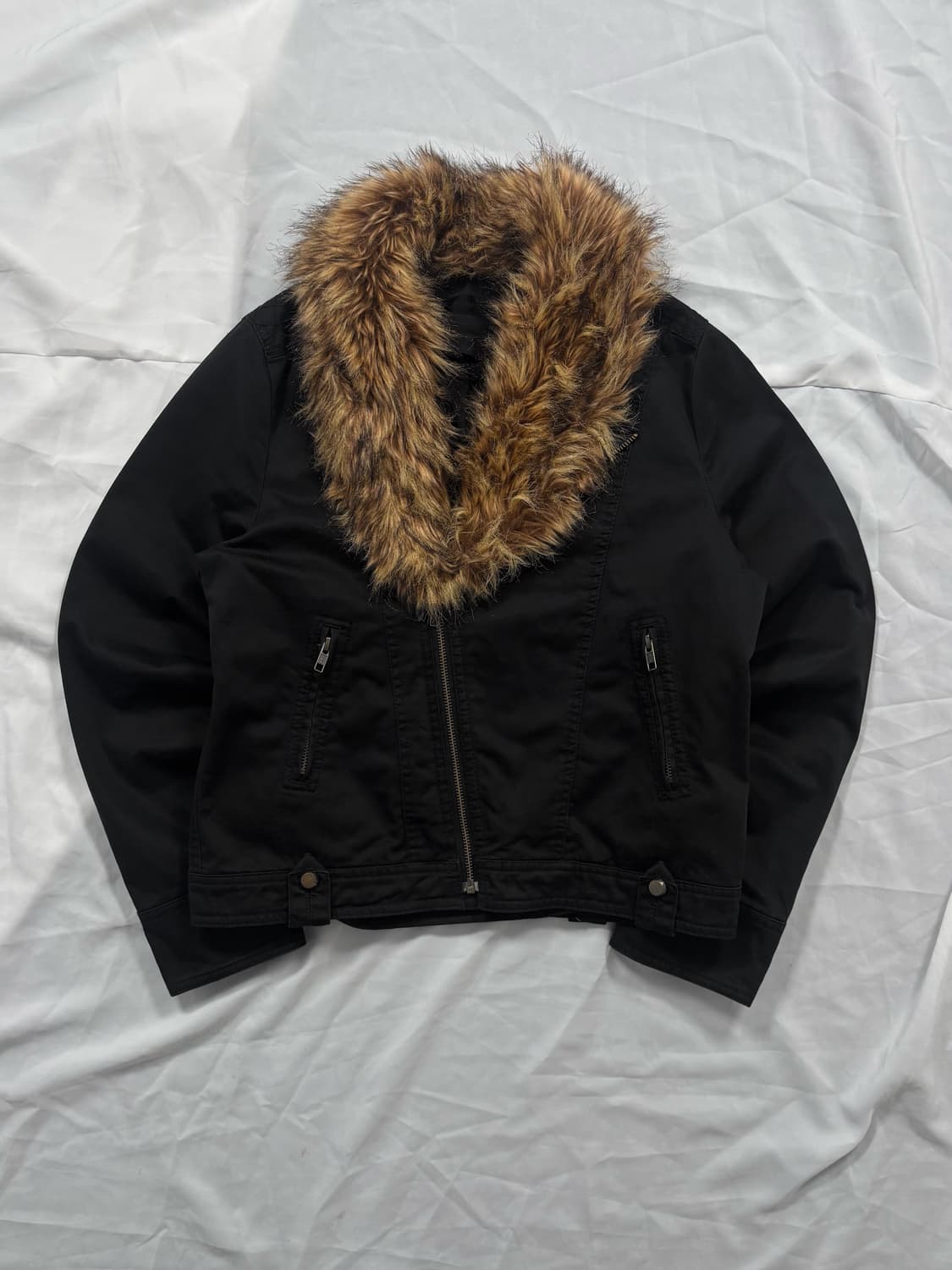 Vintage Black Fur Collar Zip-Up Jacket 상품이미지5