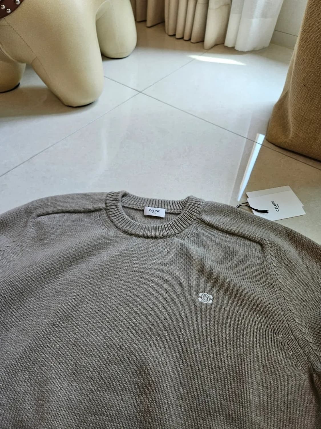 XL 셀린느 캐시미어 울 크루넥 트리옹페 스웨터 샌드  상품이미지3