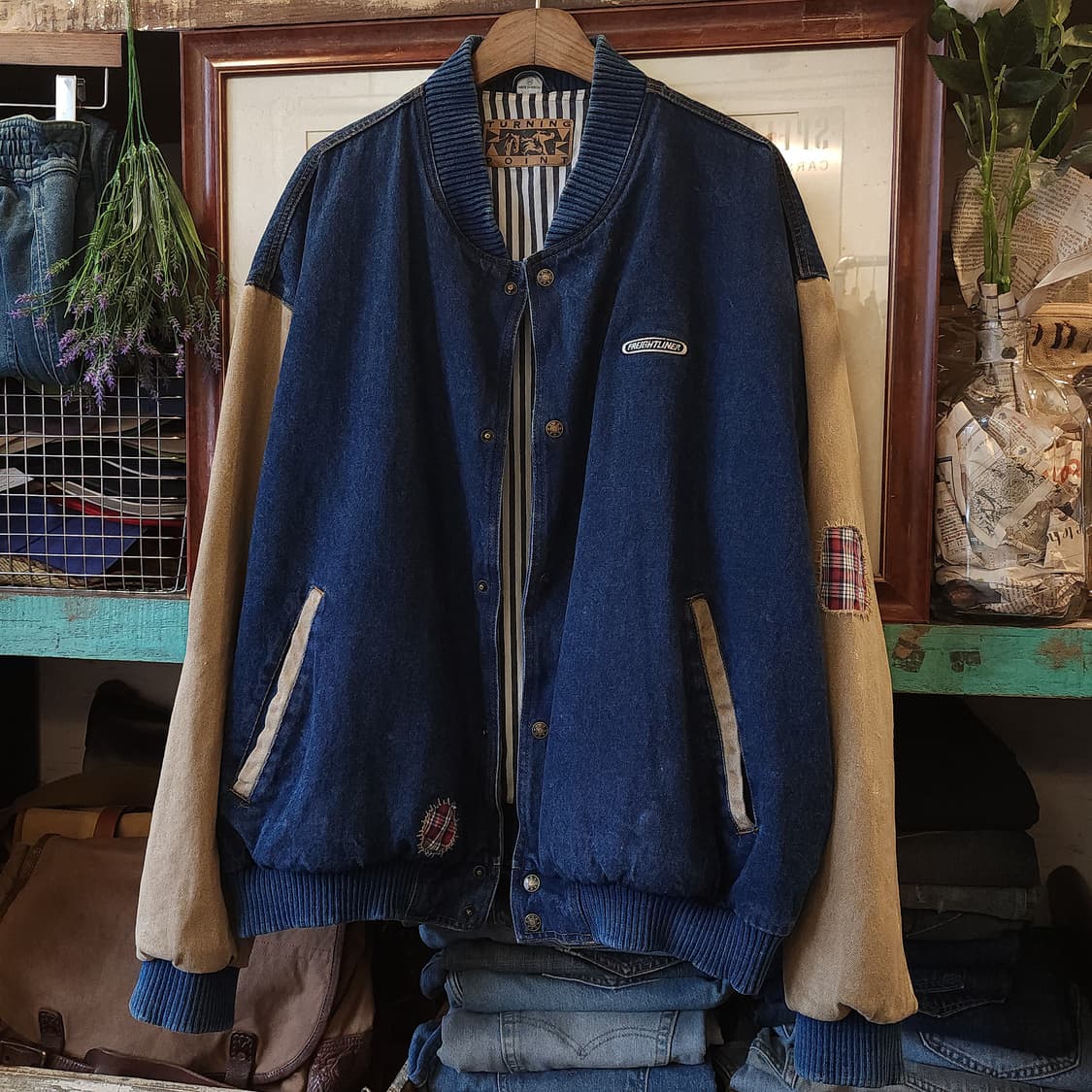 90s 빈티지 데님 바시티 자켓 컨트리 체크 패치워크 빅사이즈 3XL 상품이미지3
