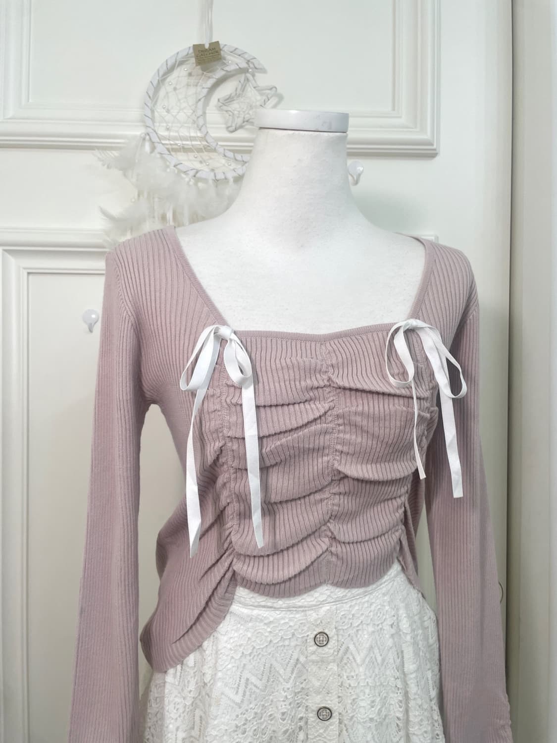 indipink shirring white bow knit top 상품이미지6