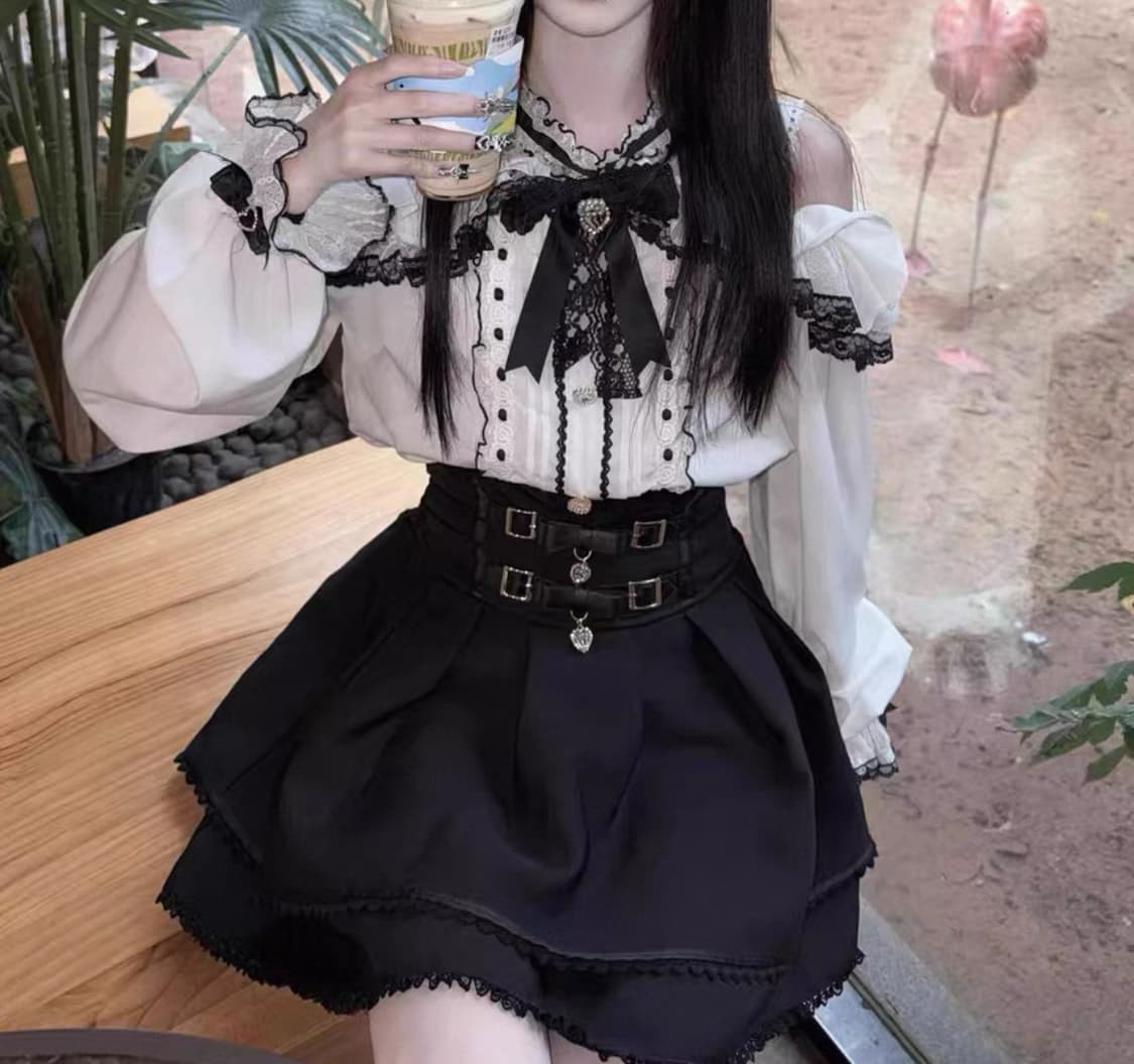 양지뢰 지뢰계 양산형 일브 섭컬 리본 오프숄더 레이스 블라우스 스커트 상품이미지1