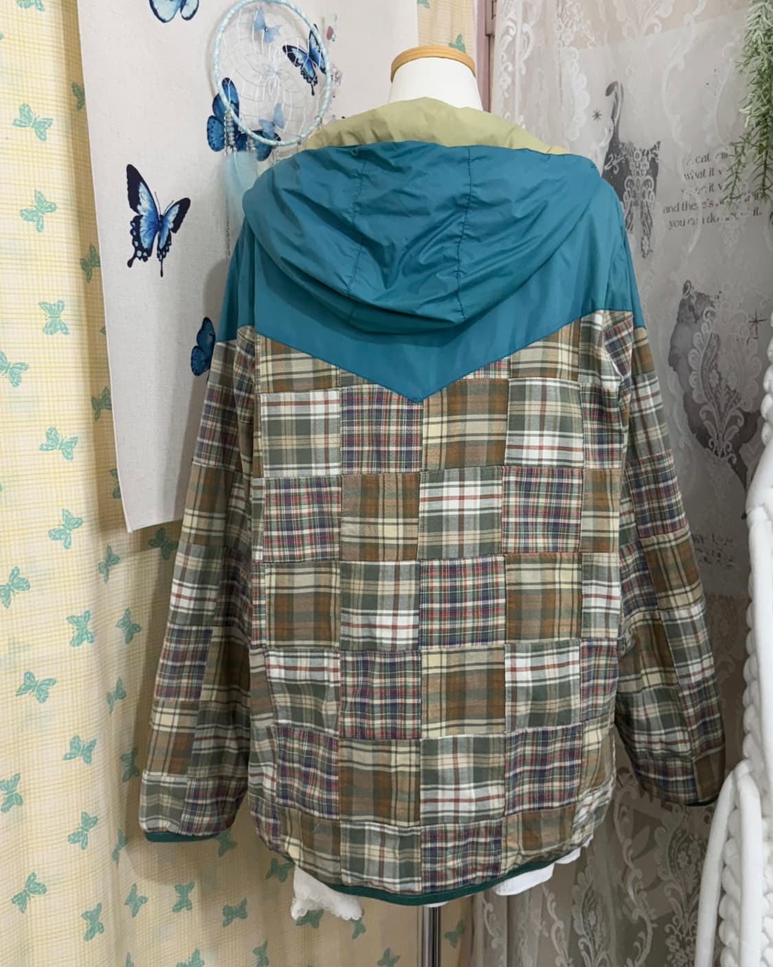 베이지 체크 오버핏 후드 집업 상품이미지7