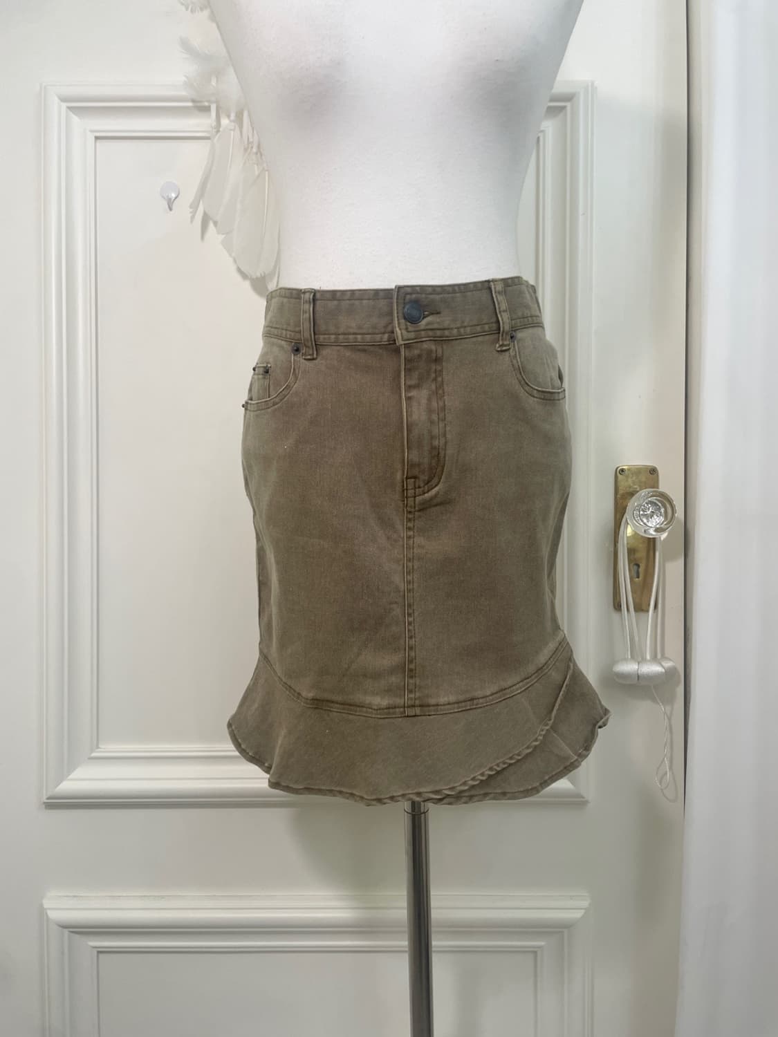 khaki denim ruffle point midi skirt 상품이미지5