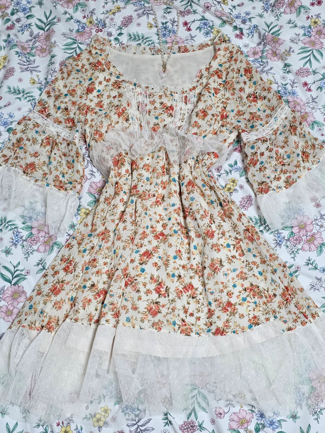 일본빈티지)플로럴로맨틱 스즈코모리걸 히메갸루 레이스 프릴 레이어드 원피스 상품이미지1