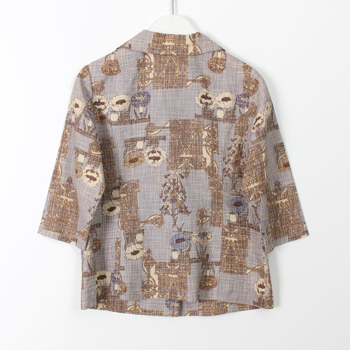 일본 빈티지 퍼플 플라워 체크 패턴 7부 소매 블라우스 상품이미지3