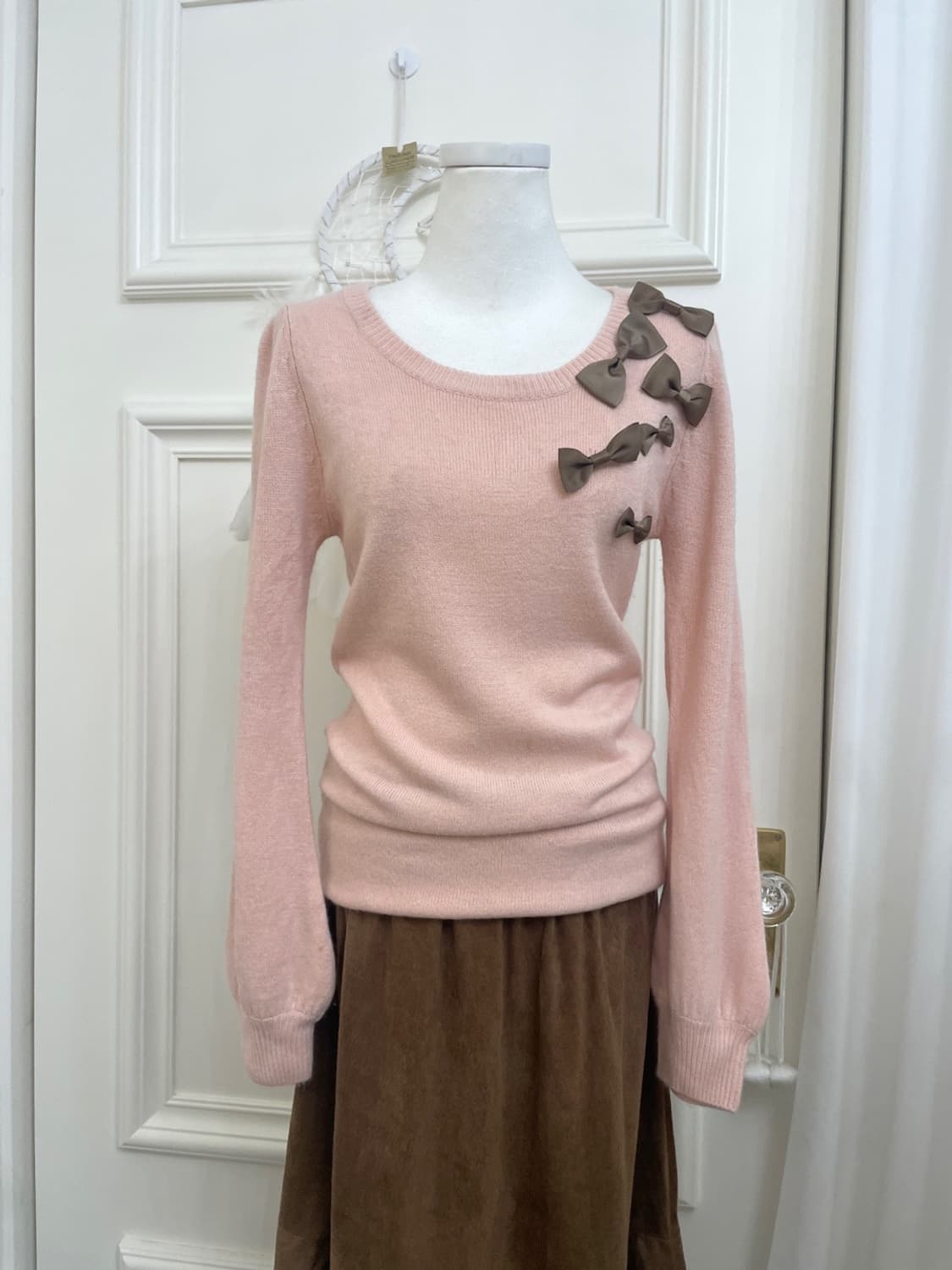 indi pink brown bow point puff knit top 상품이미지1