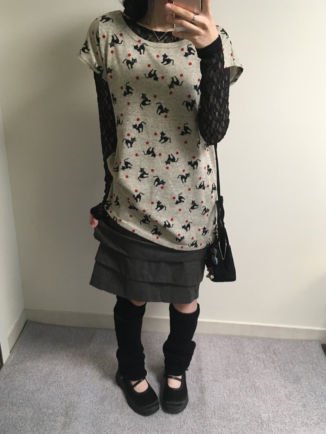 vintage cat pattern top heather grey 상품이미지3