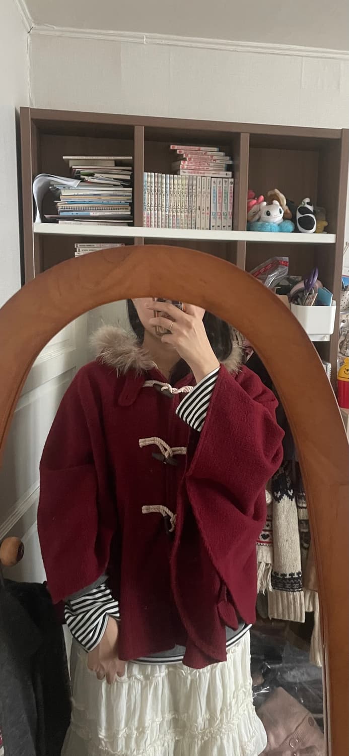 모리걸 빈티지 레드 후드 퍼 떡볶이 케이프 코트 ♥️🤎 상품이미지4
