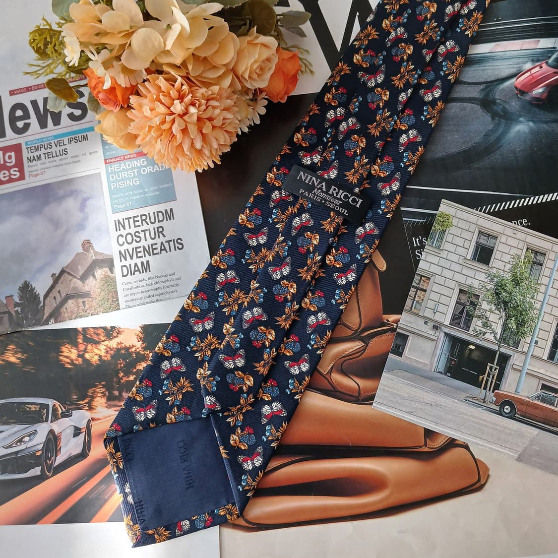 니나리치 실크 네이비 플로럴&나비 넥타이 9.8cm A+등급 A19366 상품이미지6