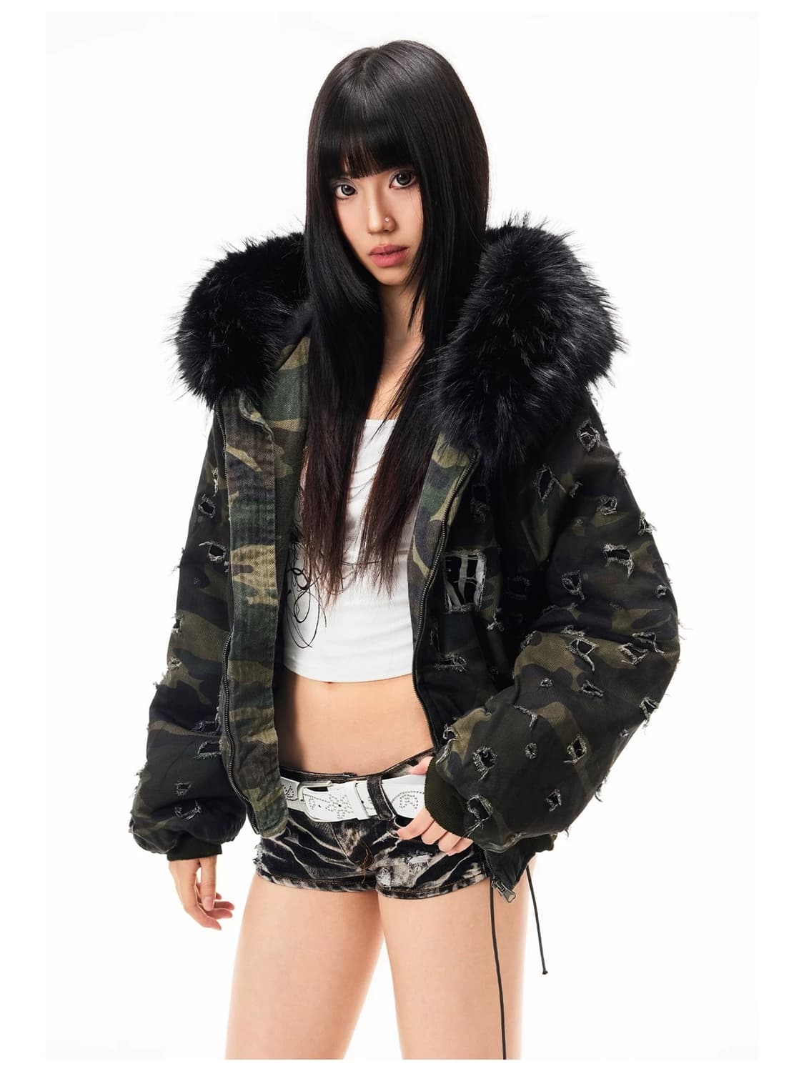 Damaged Black Fur Bomber 상품이미지1