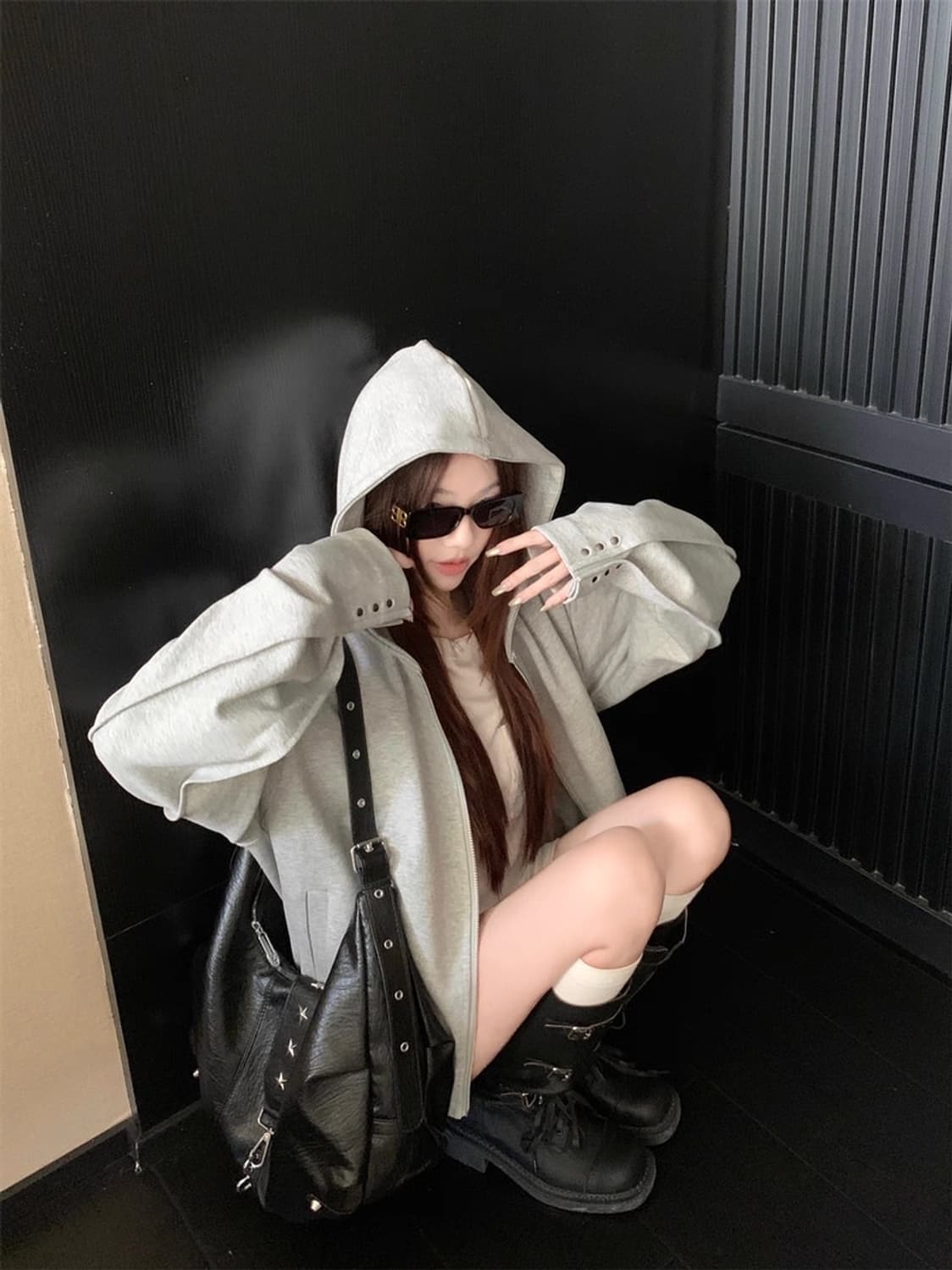 스터드 후드집업 그레이, 블랙 상품이미지3