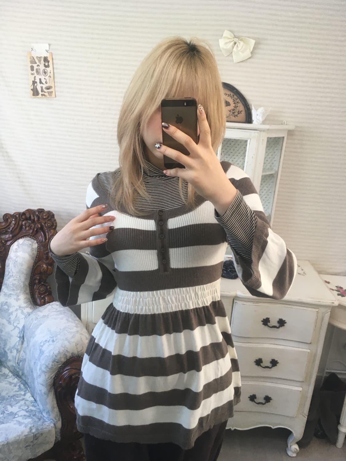 일본빈티지 브라운 스트라이프 프릴 니트 원피스 상품이미지1