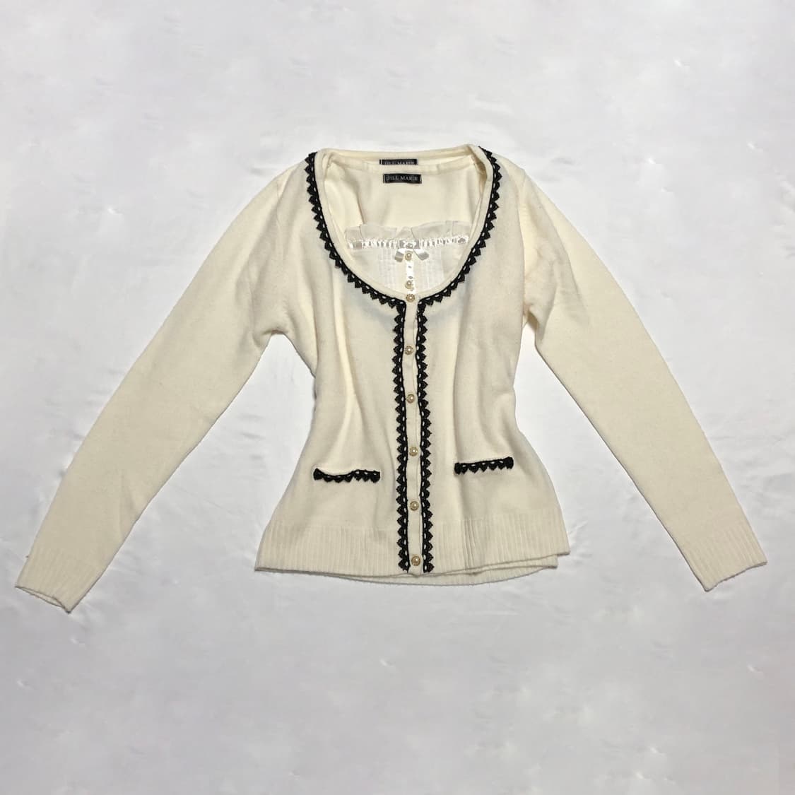 리본 로걀 니트 반팔 가디건 세트 화이트 상품이미지1