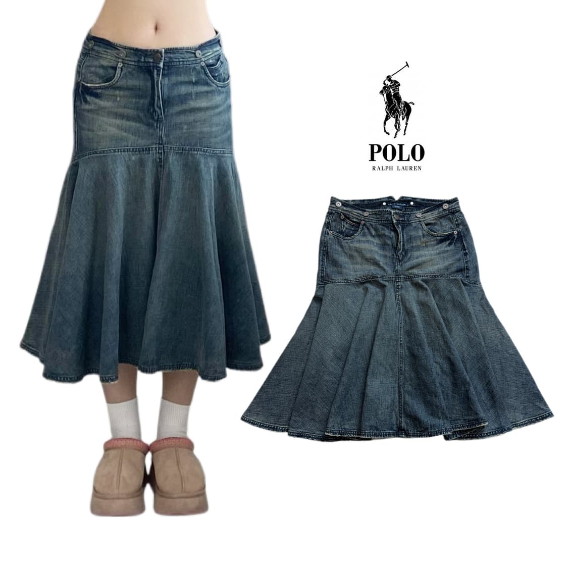 폴로 데님 플리츠 미디 스커트 상품이미지1