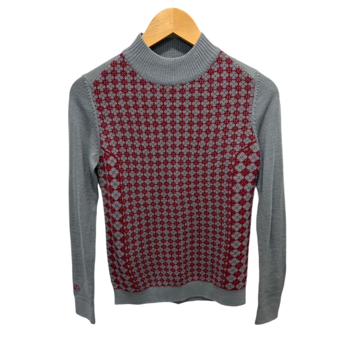 빈티지 그레이 격자 레드미니하트 패턴 니트 스웨터 상품이미지4