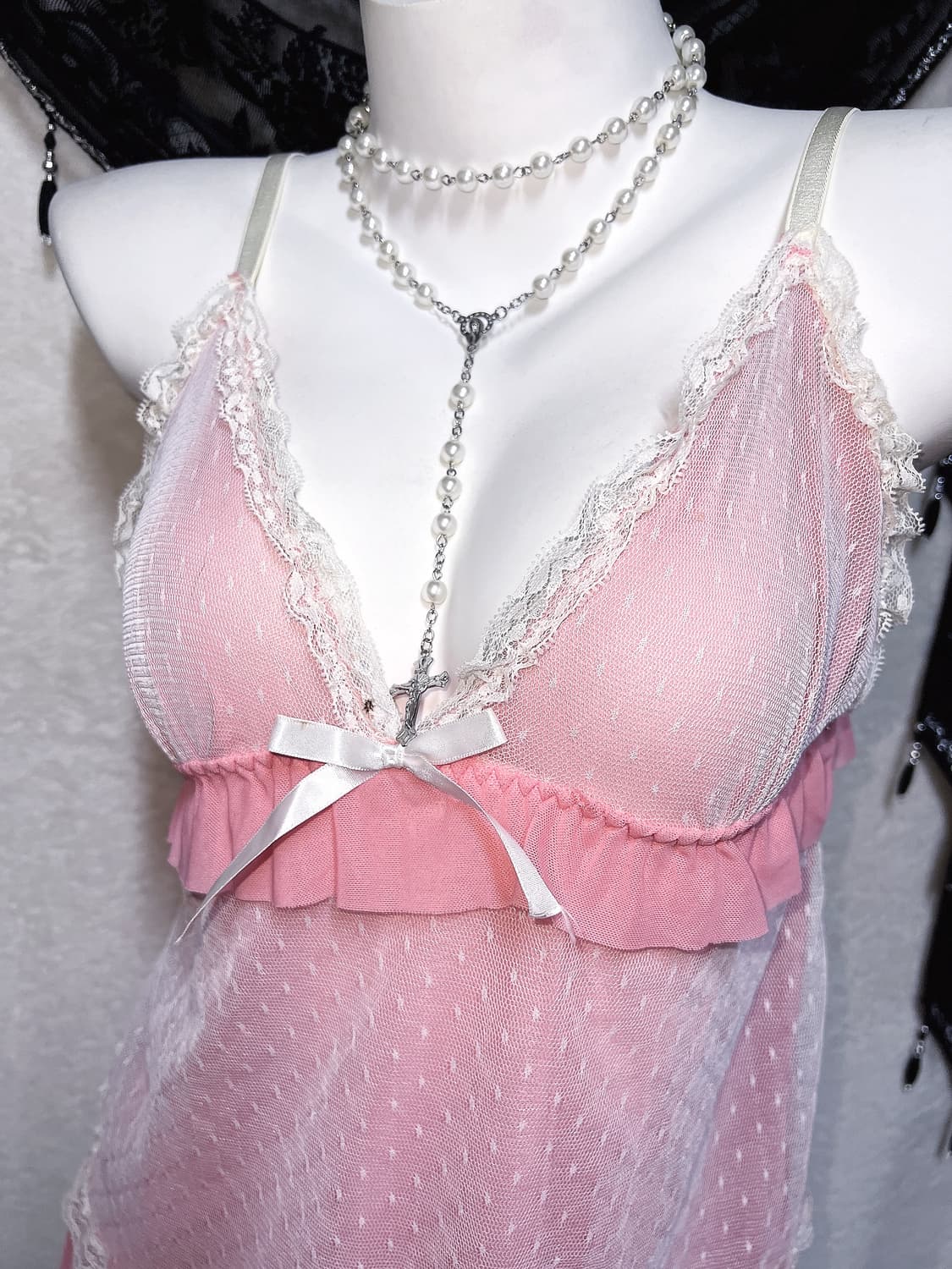 히메갸루 로맨틱 로걀 핑크 도트 레이스 프릴 슬리브리스 나시 슬립 핀터 상품이미지5