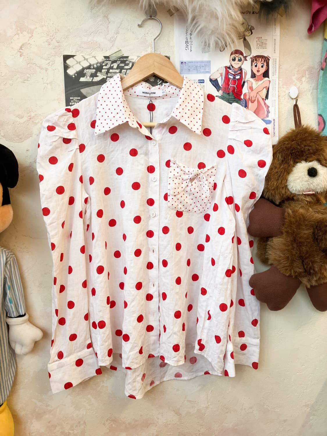 jpn 레드 도트 리본 블라우스 상품이미지2