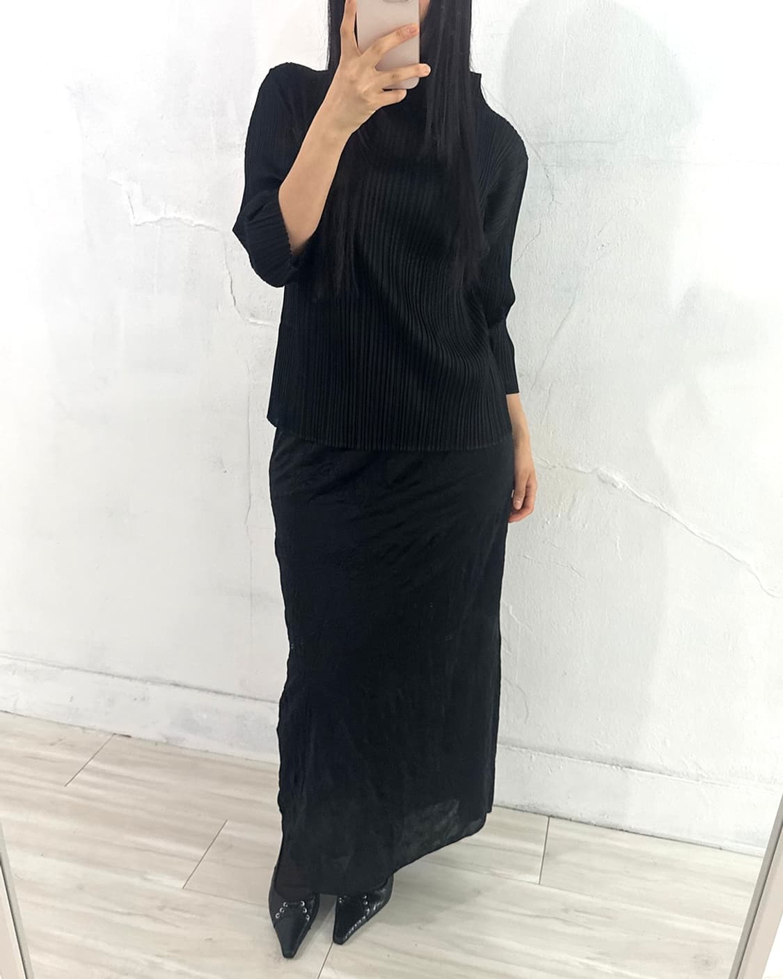 Black Wrinkle Detail Long Skirt 상품이미지6