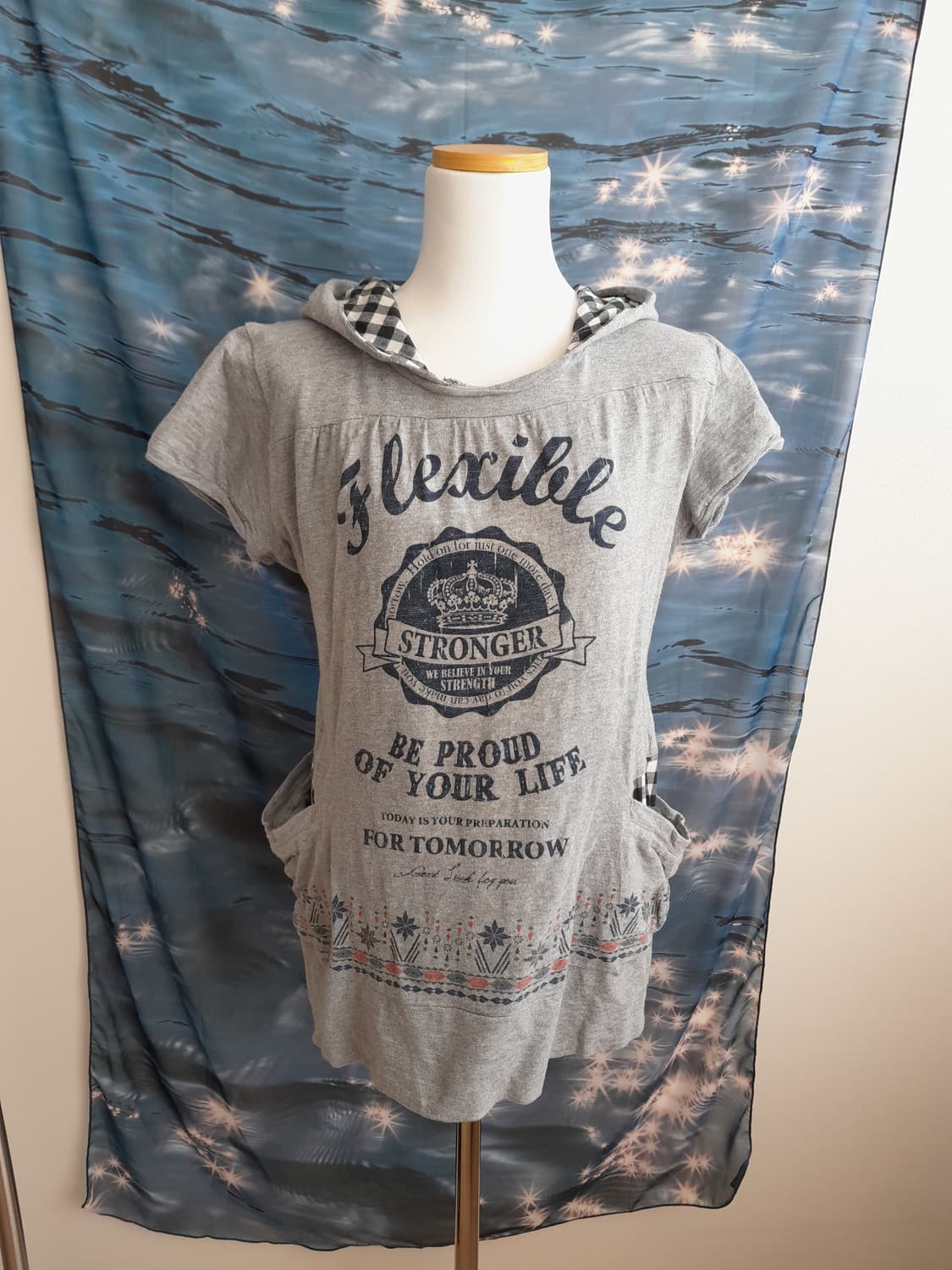 체크 레터링 포켓 후드 반팔 상품이미지1