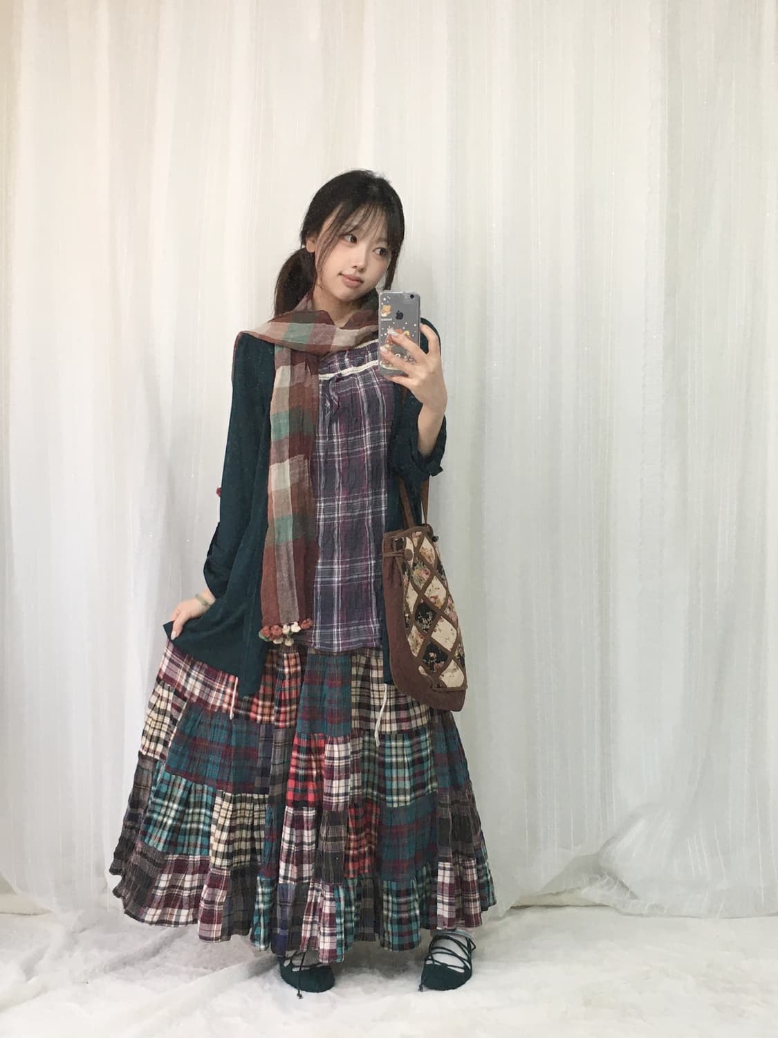 빈티지 임수정깔 체크 모리 패치 스커트 코디세트 상품이미지1