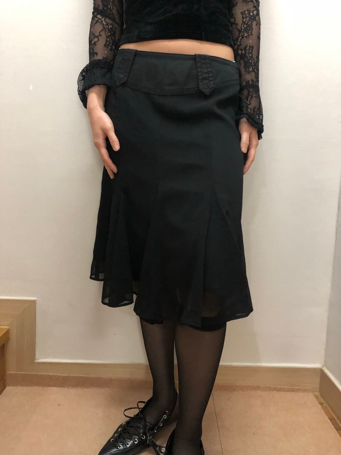 빈티지 블랙 쉬폰 미디 스커트 상품이미지1