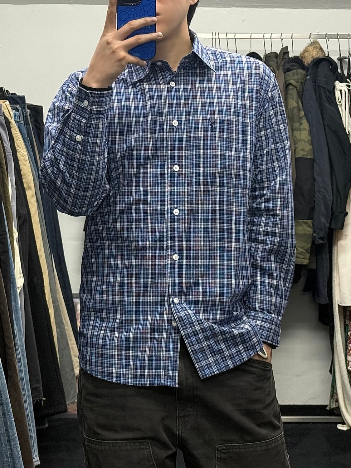 입생로랑 블루 파랑 하늘색 네이비 남색 체크 셔츠 100 L 명품 빈티지 상품이미지1