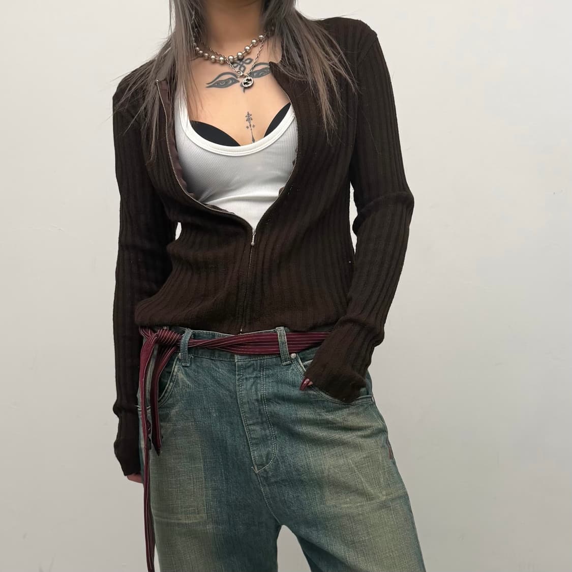 브라운 골지 니트 집업 상품이미지1